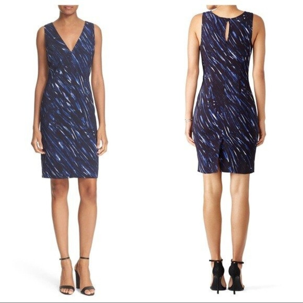 Milly Womens Blue Black Abstract Brushstroke‎ V-Neck Sheath Dress Sz 8 Workwear